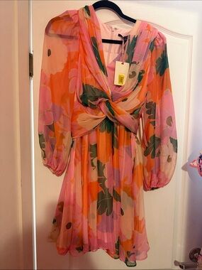 NWT Alex Marie Floral Twist-Front Chiffon Dress in Coral & Pink